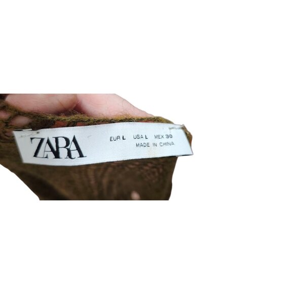 ZARA Distressed Knit Sweater Women’s Sze L Olive GreenLoose Open Weave Wool Boho - Picture 13 of 15